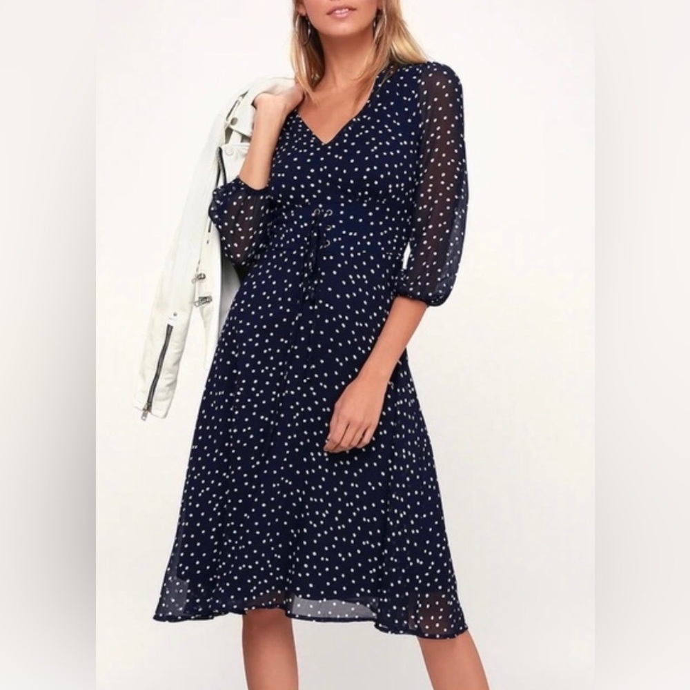 Lulus | Elicia Blue Polka Dot Long Sleeve Dress Size M Midi Length Lined